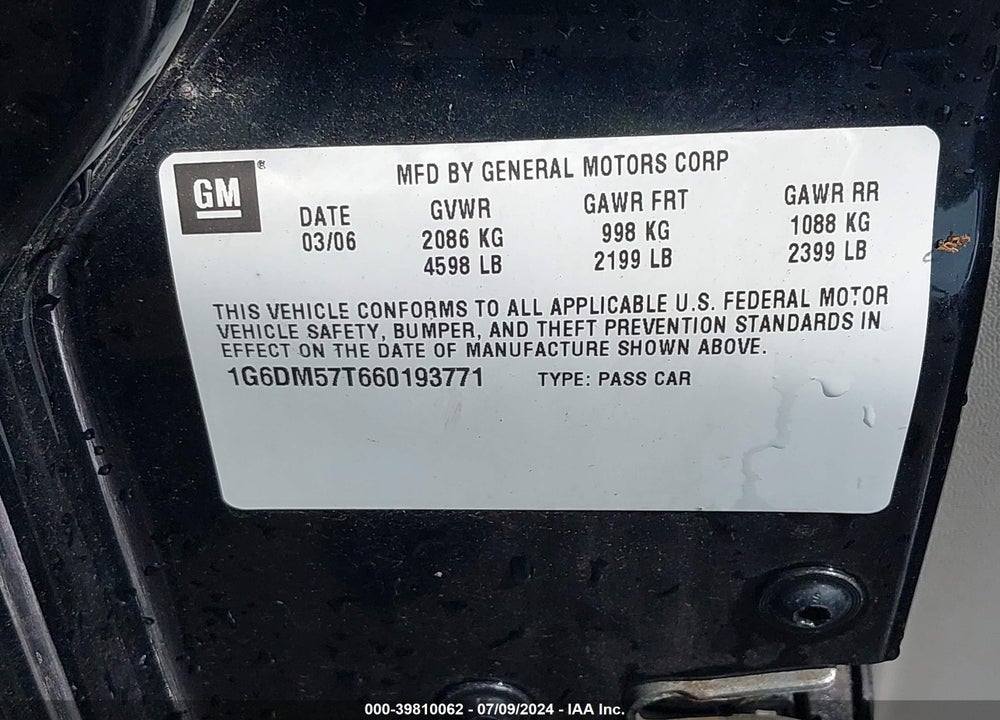 2006 CADILLAC CTS STANDARD VIN: 1G6DM57T660193771