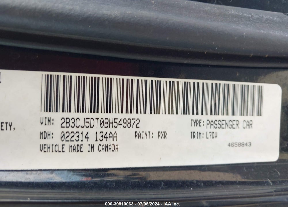 2011 DODGE CHALLENGER R/T VIN: 2B3CJ5DT0BH549872