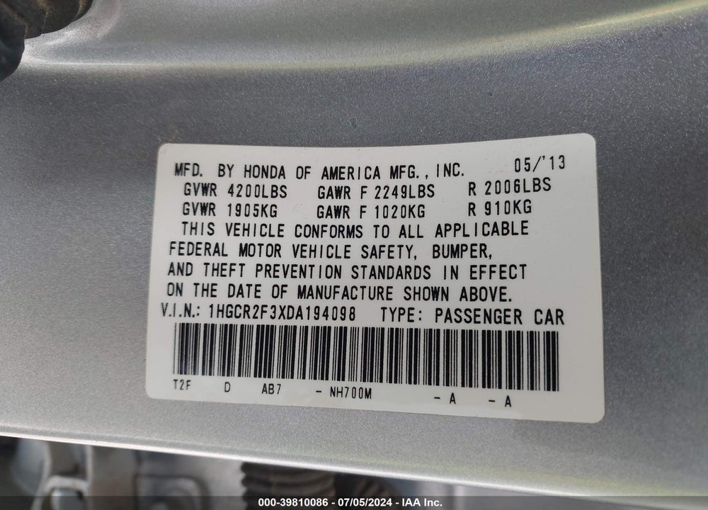 2013 HONDA ACCORD LX VIN: 1HGCR2F3XDA194098