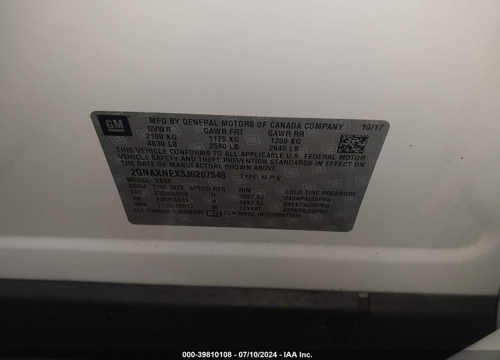 2018 CHEVROLET EQUINOX VIN: 2GNAXNEX3J6207548