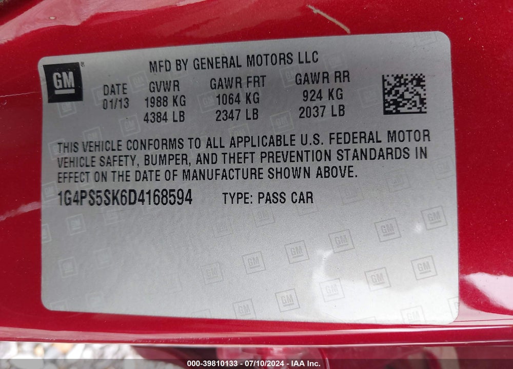 2013 BUICK VERANO LEATHER GROUP VIN: 1G4PS5SK6D4168594