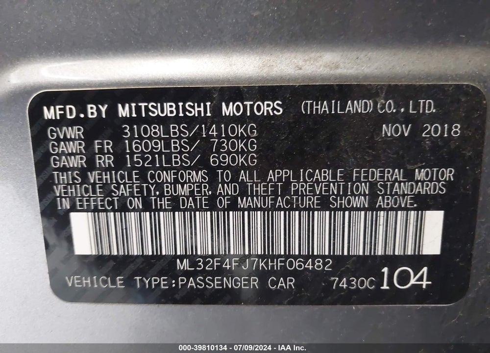 2019 MITSUBISHI MIRAGE G4 SE VIN: ML32F4FJ7KHF06482