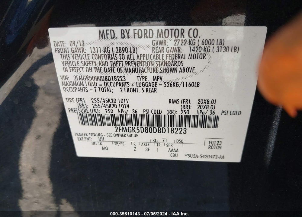 2013 FORD FLEX LIMITED VIN: 2FMGK5D80DBD18223