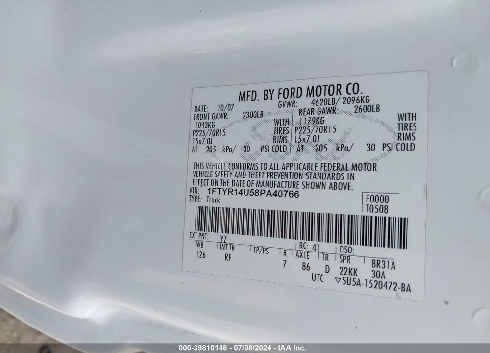 2008 FORD RANGER SPORT/XL/XLT VIN: 1FTYR14U58PA40766
