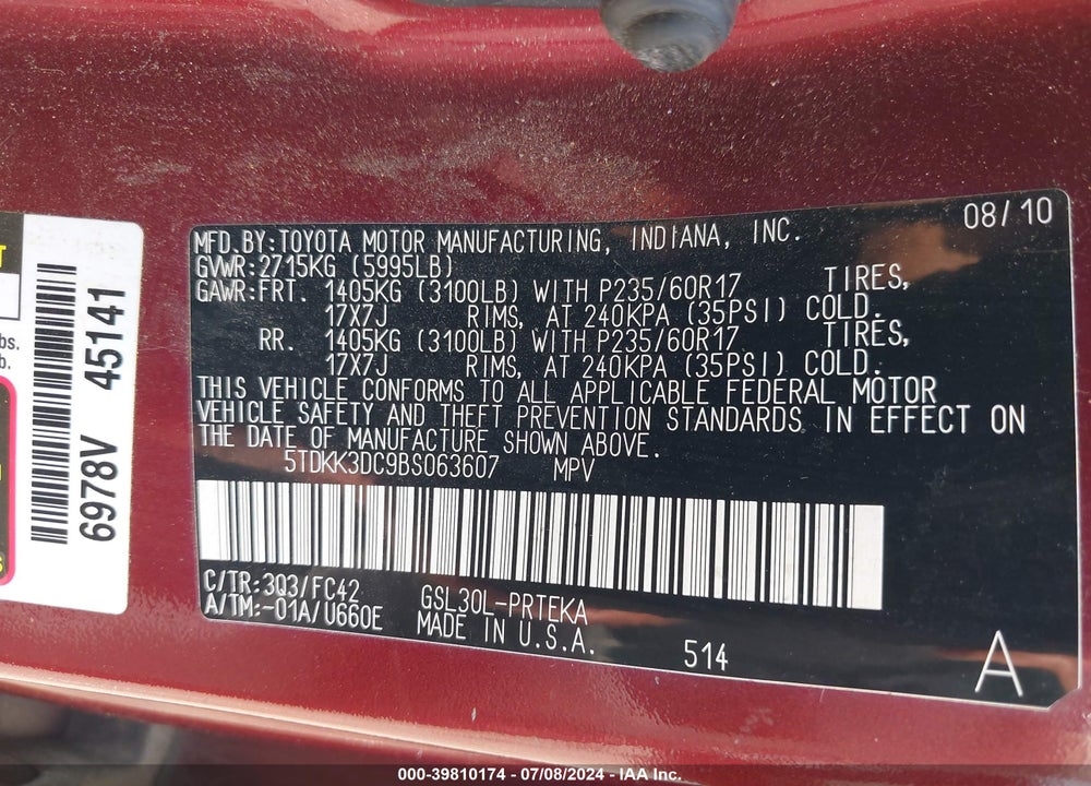 2011 TOYOTA SIENNA LE V6 VIN: 5TDKK3DC9BS063607