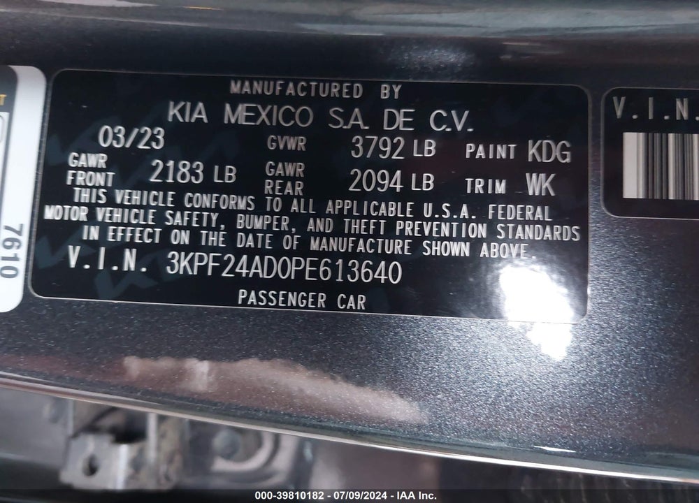 2023 KIA FORTE LXS VIN: 3KPF24AD0PE613640