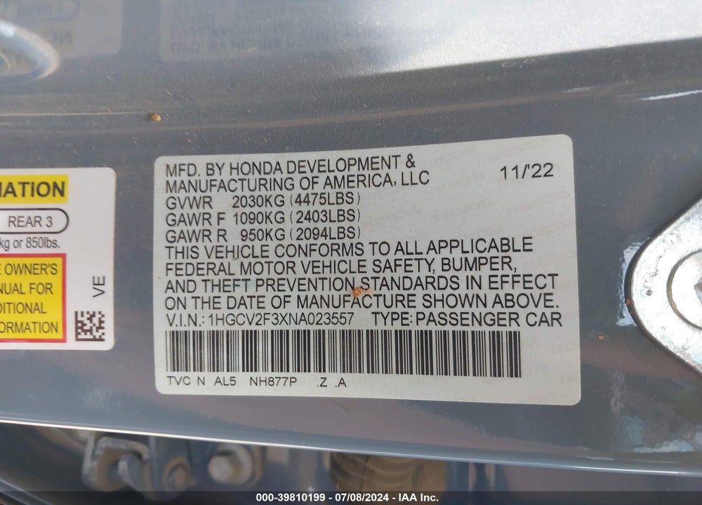 2022 HONDA ACCORD SPORT 2.0T VIN: 1HGCV2F3XNA023557