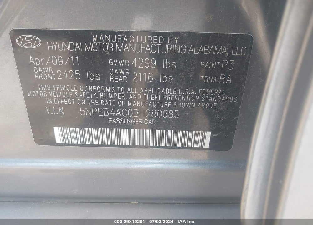 2011 HYUNDAI SONATA GLS VIN: 5NPEB4AC0BH280685