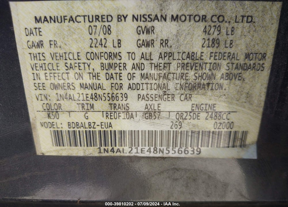 2008 NISSAN ALTIMA 2.5 S VIN: 1N4AL21E48N556639