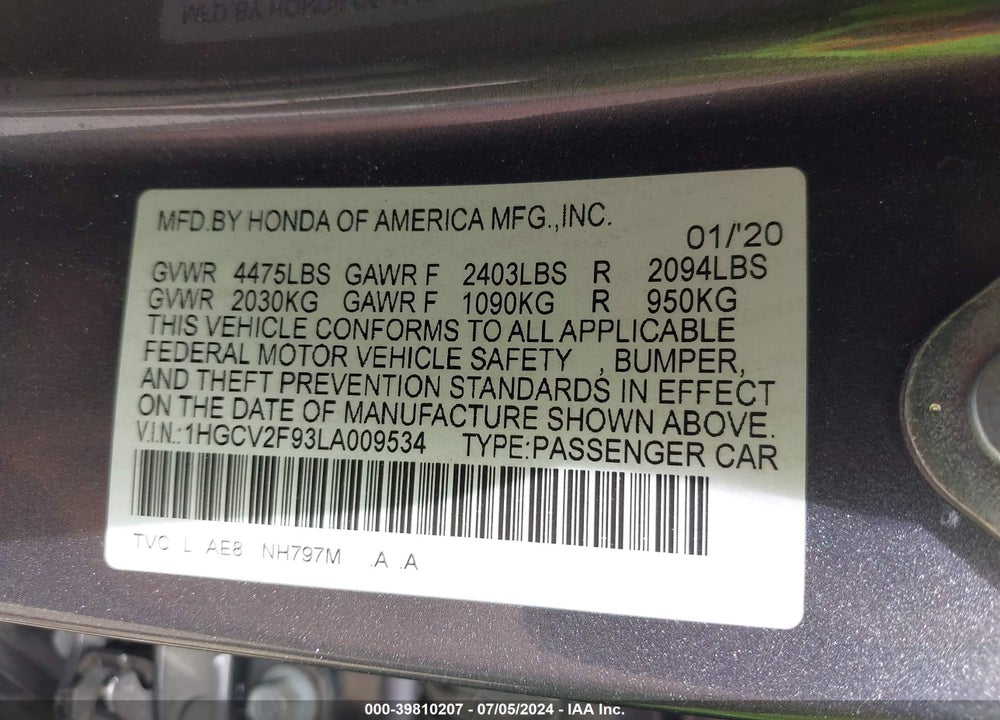 2020 HONDA ACCORD TOURING VIN: 1HGCV2F93LA009534
