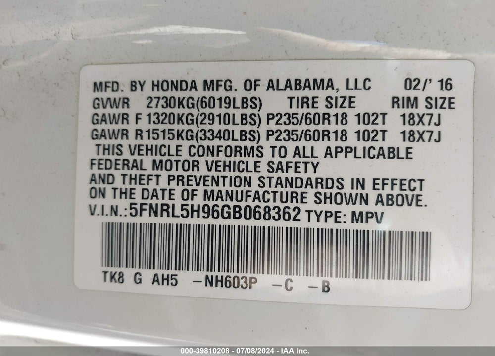 2016 HONDA ODYSSEY TOURING/TOURING ELITE VIN: 5FNRL5H96GB068362