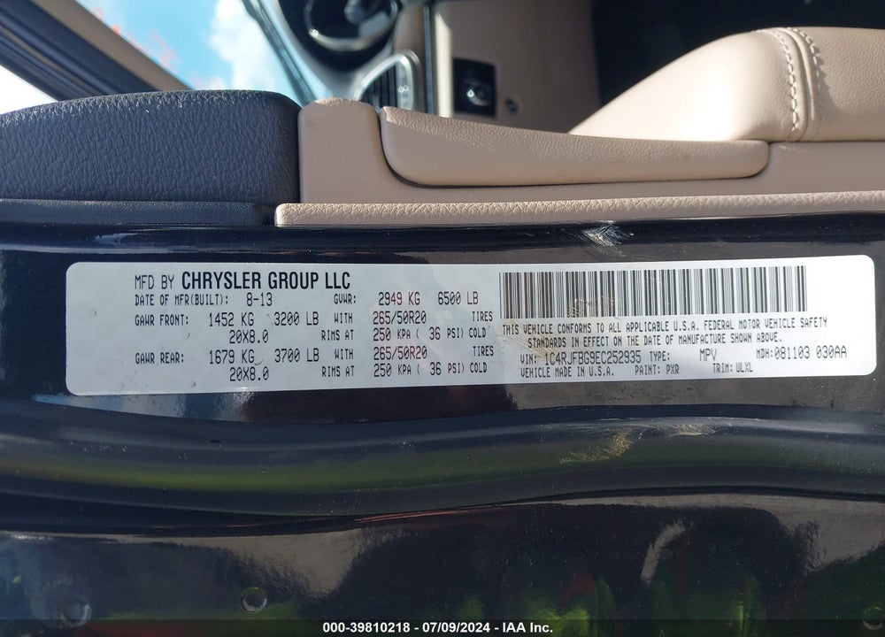 2014 JEEP GRAND CHEROKEE LIMITED VIN: 1C4RJFBG9EC252935