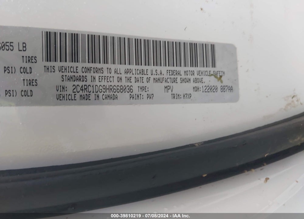 2017 CHRYSLER PACIFICA TOURING VIN: 2C4RC1DG9HR668036