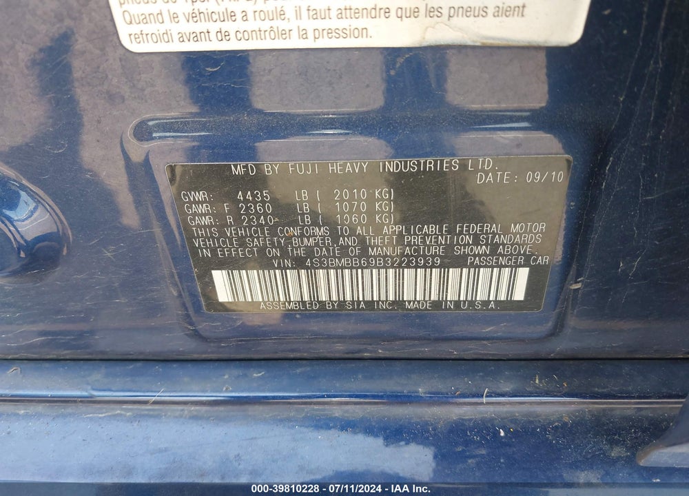 2011 SUBARU LEGACY 2.5I PREMIUM VIN: 4S3BMBB69B3223939