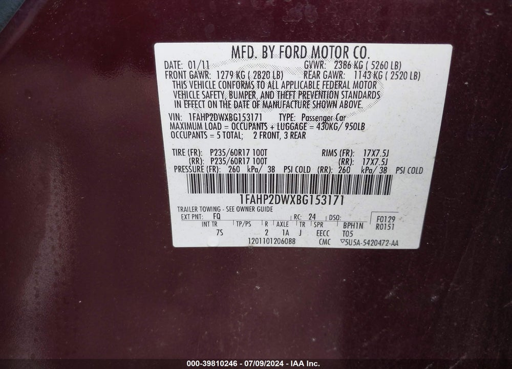 2011 FORD TAURUS SE VIN: 1FAHP2DWXBG153171