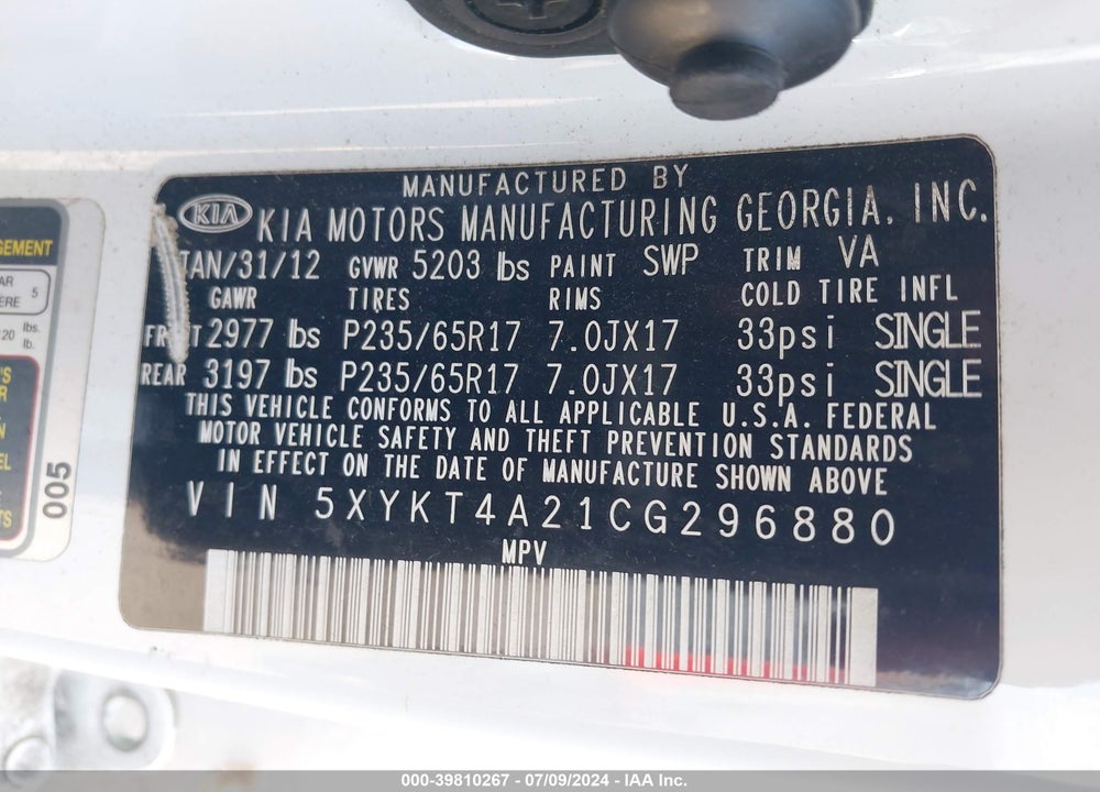 2012 KIA SORENTO LX V6 VIN: 5XYKT4A21CG296880
