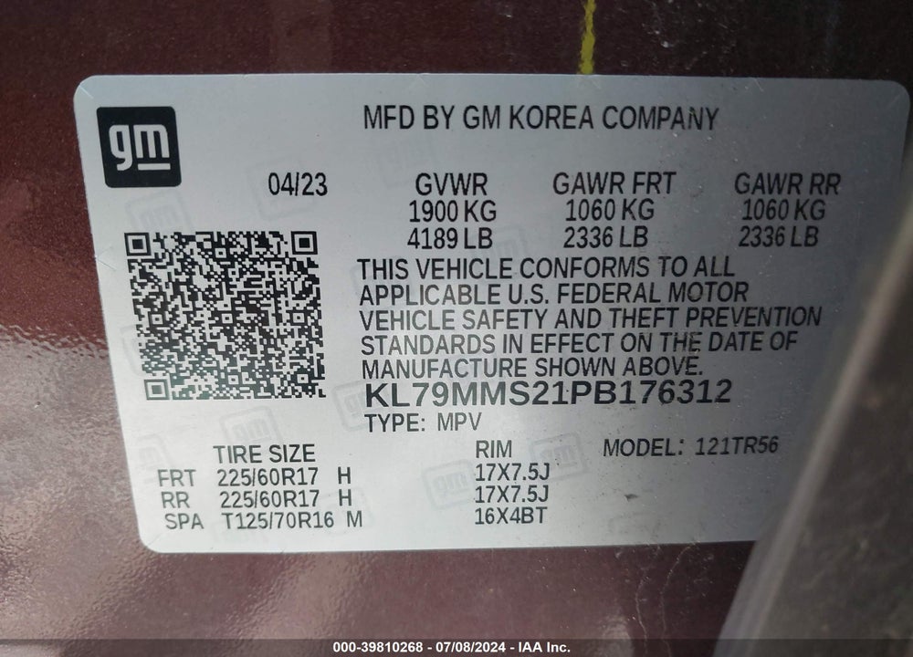 2023 CHEVROLET TRAILBLAZER FWD LS VIN: KL79MMS21PB176312