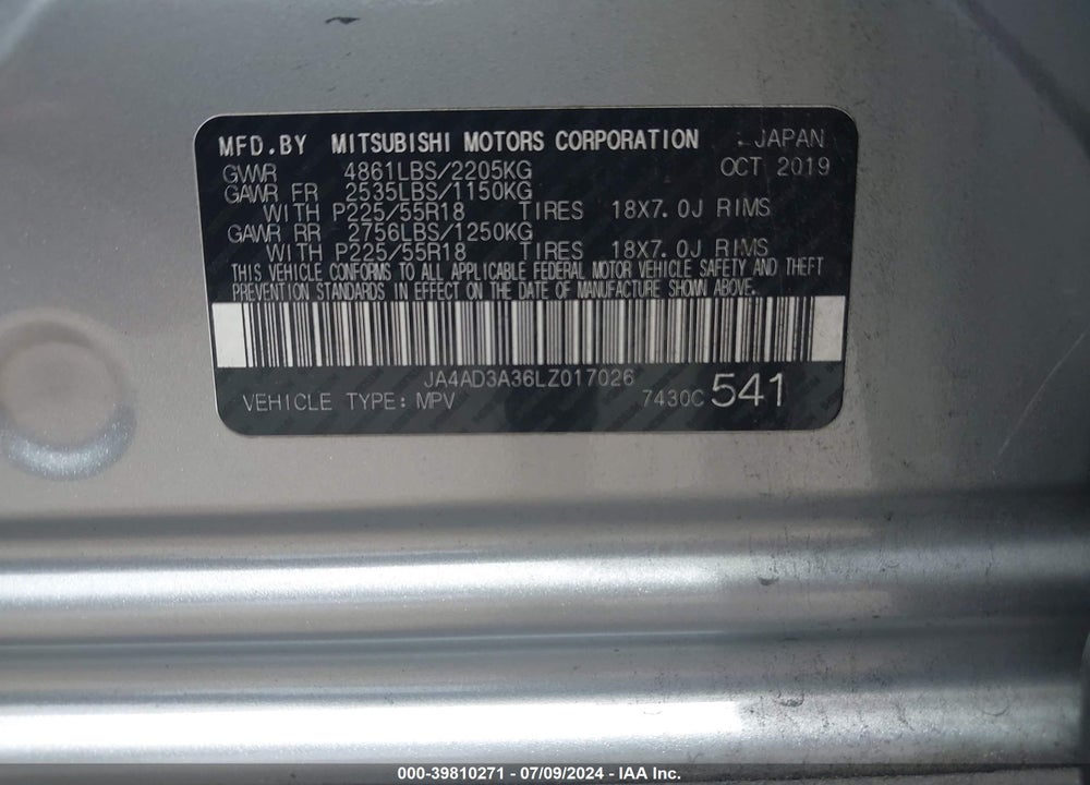 2020 MITSUBISHI OUTLANDER LE 2.4/SE 2.4/SEL 2.4/SP 2.4 VIN: JA4AD3A36LZ017026