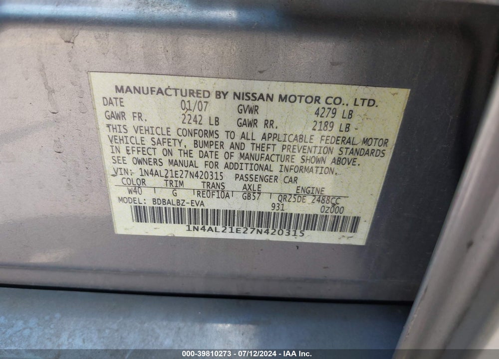 2007 NISSAN ALTIMA 2.5 S VIN: 1N4AL21E27N420315