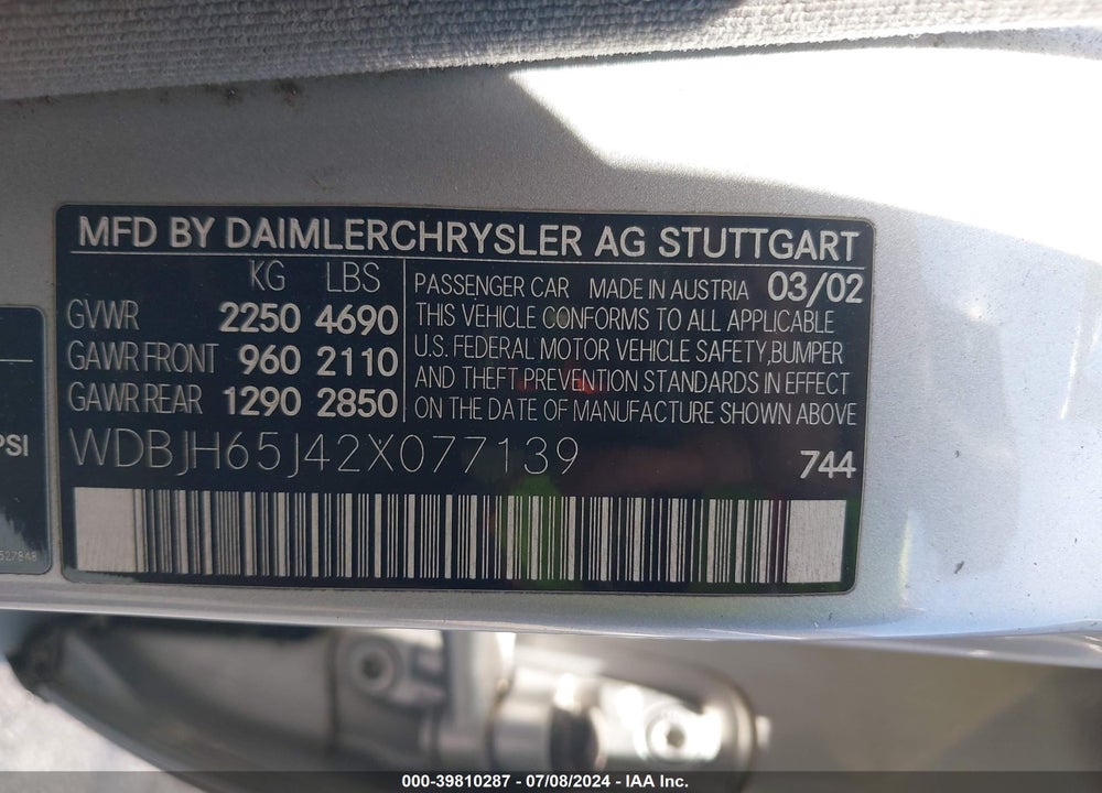 2002 MERCEDES-BENZ E 320 VIN: WDBJH65J42X077139