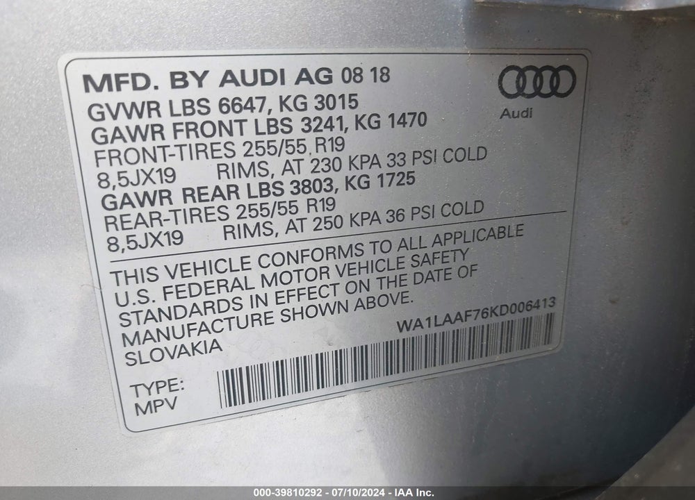 2019 AUDI Q7 55 PREMIUM/55 SE PREMIUM VIN: WA1LAAF76KD006413