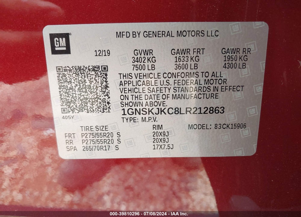 2020 CHEVROLET SUBURBAN 4WD PREMIER VIN: 1GNSKJKC8LR212863