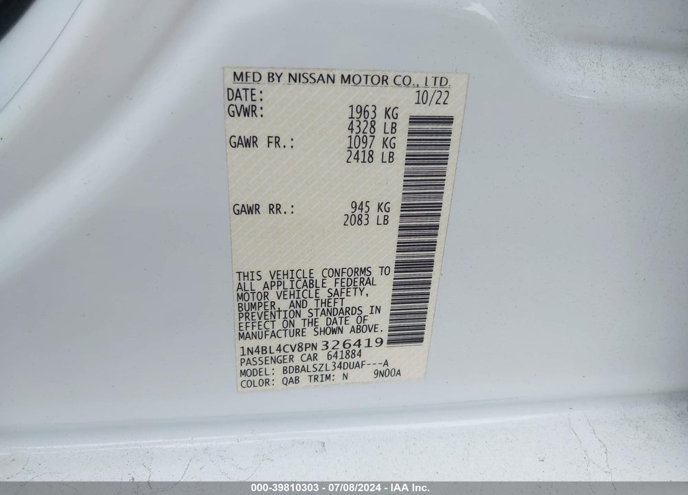 2023 NISSAN ALTIMA SR FWD VIN: 1N4BL4CV8PN326419
