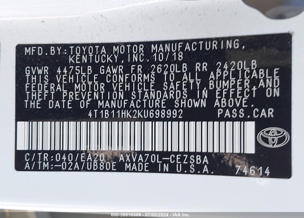 2019 TOYOTA CAMRY SE VIN: 4T1B11HK2KU698992