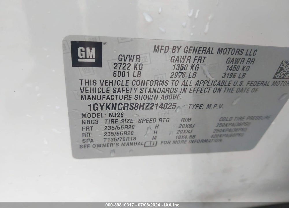 2017 CADILLAC XT5 PREMIUM LUXURY VIN: 1GYKNCRS8HZ214025
