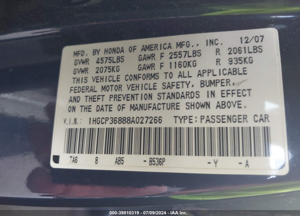 2008 HONDA ACCORD 3.5 EX-L VIN: 1HGCP36888A027266