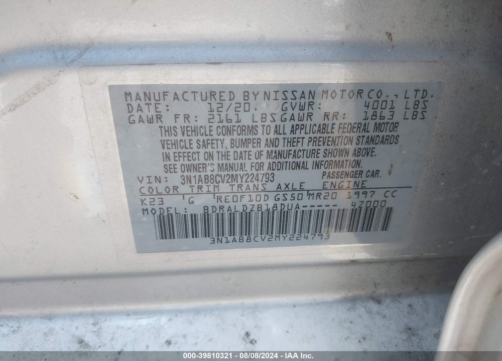 2021 NISSAN SENTRA VIN: 3N1AB8CV2MY224793
