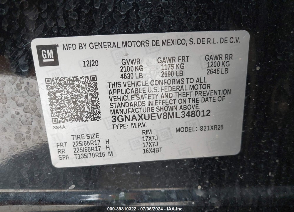 2021 CHEVROLET EQUINOX AWD LT VIN: 3GNAXUEV8ML348012