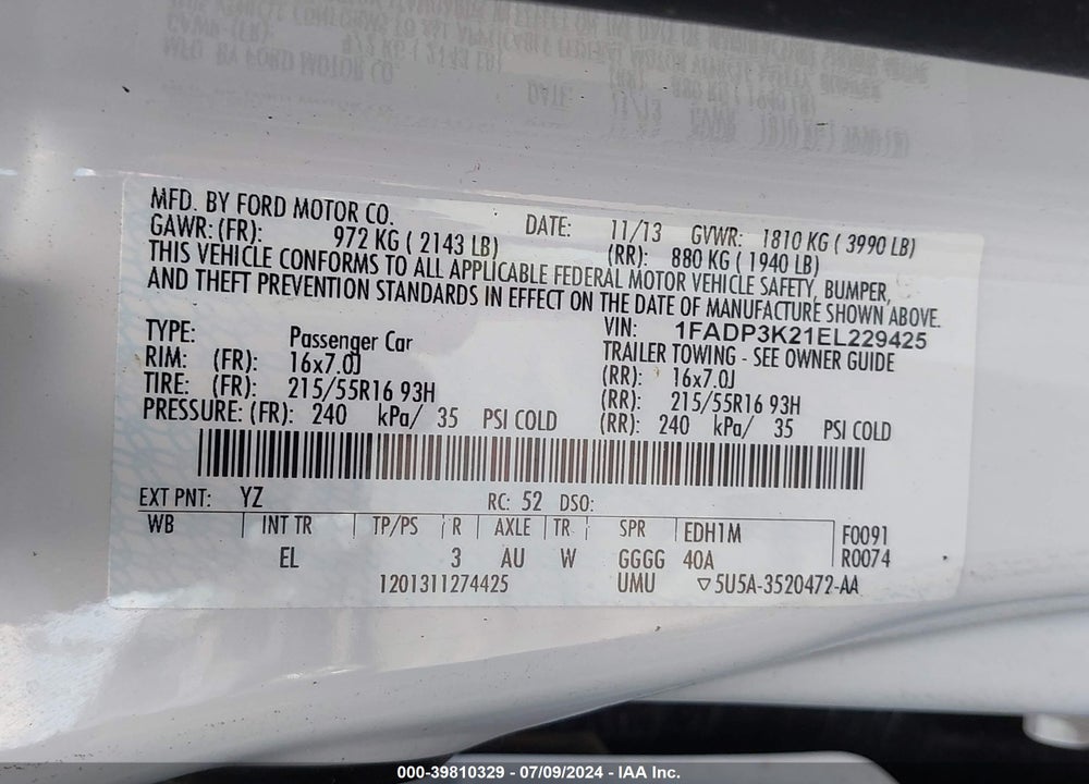 2014 FORD FOCUS SE VIN: 1FADP3K21EL229425