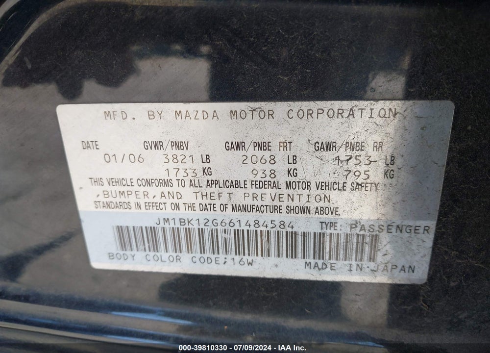 2006 MAZDA 3 I VIN: JM1BK12G661484584
