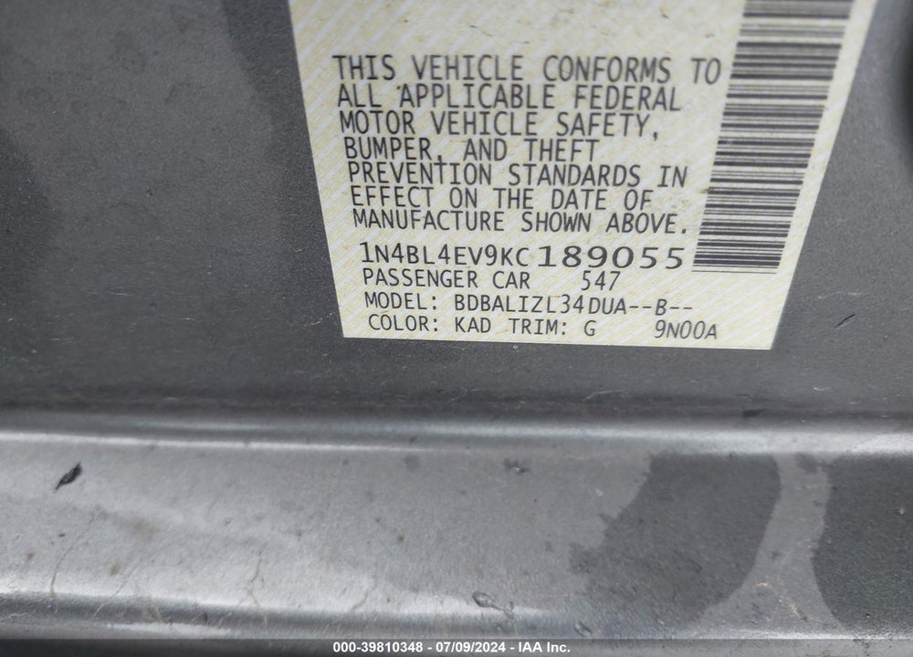 2019 NISSAN ALTIMA 2.5 SL VIN: 1N4BL4EV9KC189055