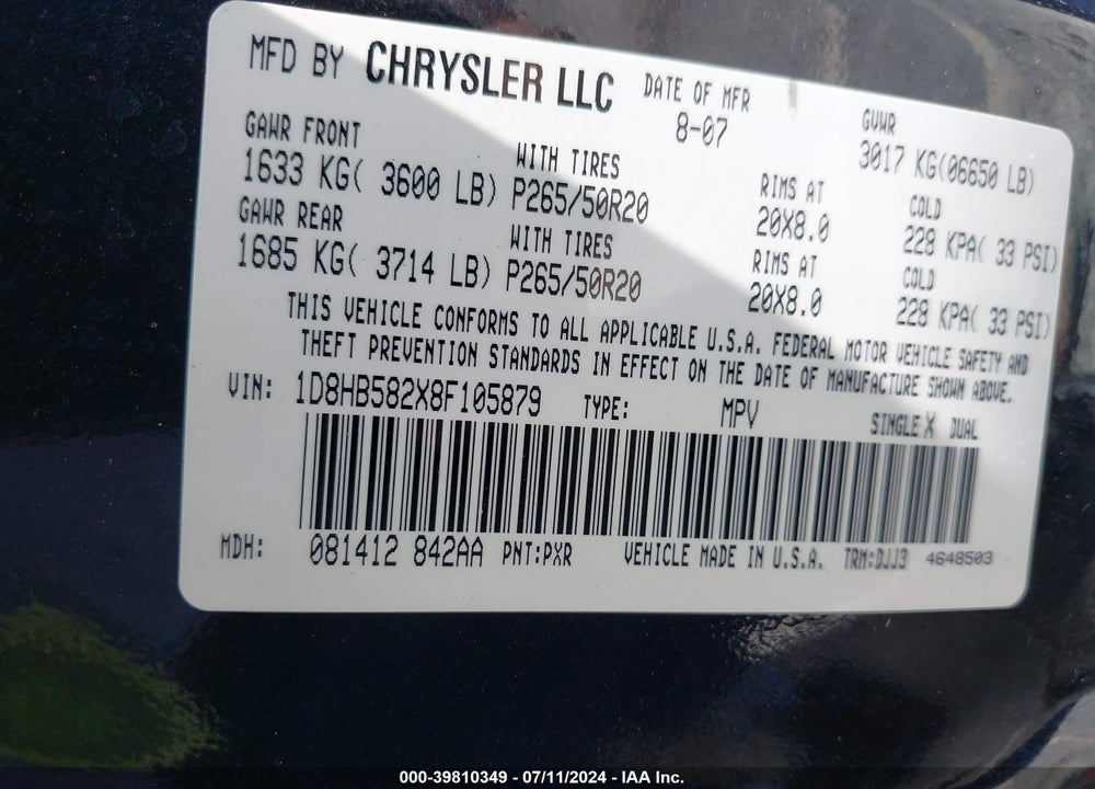 2008 DODGE DURANGO LIMITED VIN: 1D8HB582X8F105879
