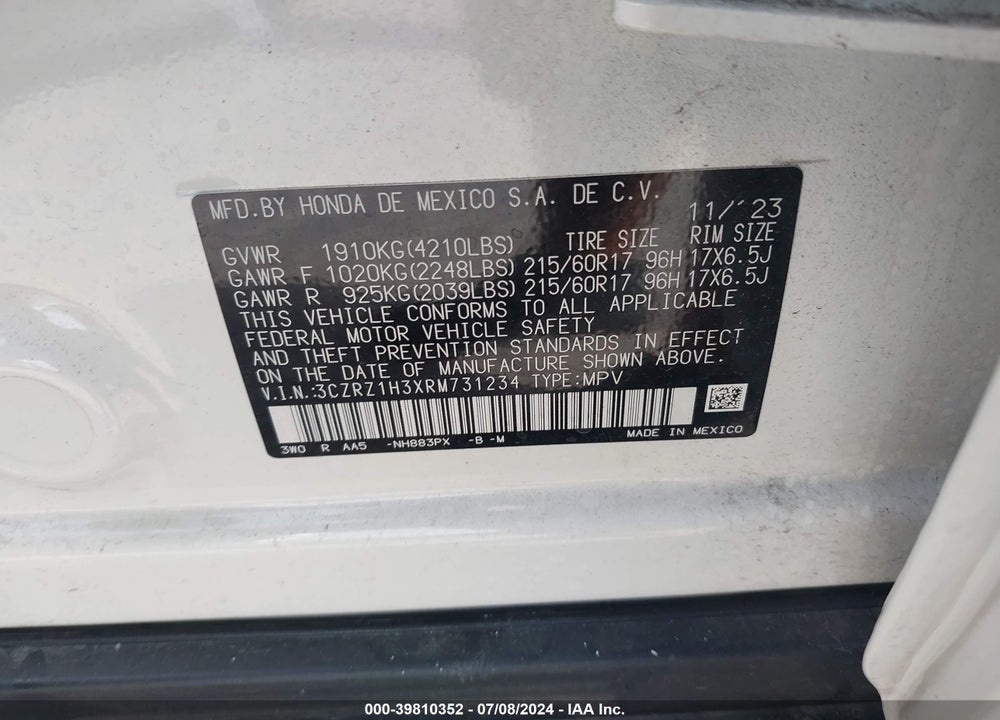 2024 HONDA HR-V 2WD LX VIN: 3CZRZ1H3XRM731234