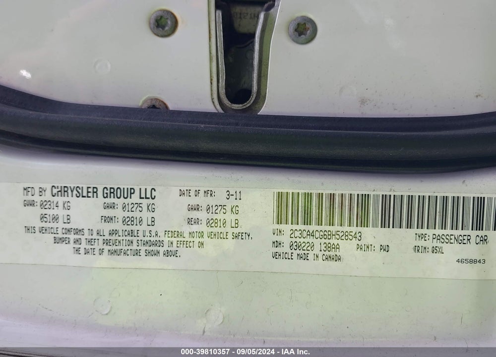 2011 CHRYSLER 300 VIN: 2C3CA4CG6BH528543