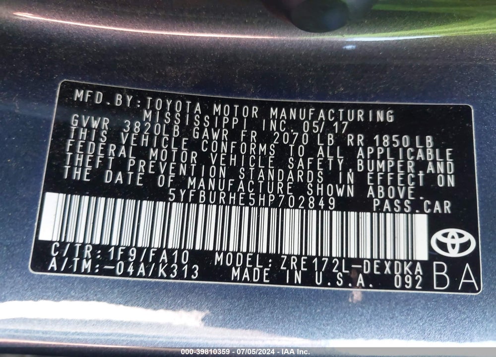 2017 TOYOTA COROLLA L VIN: 5YFBURHE5HP702849
