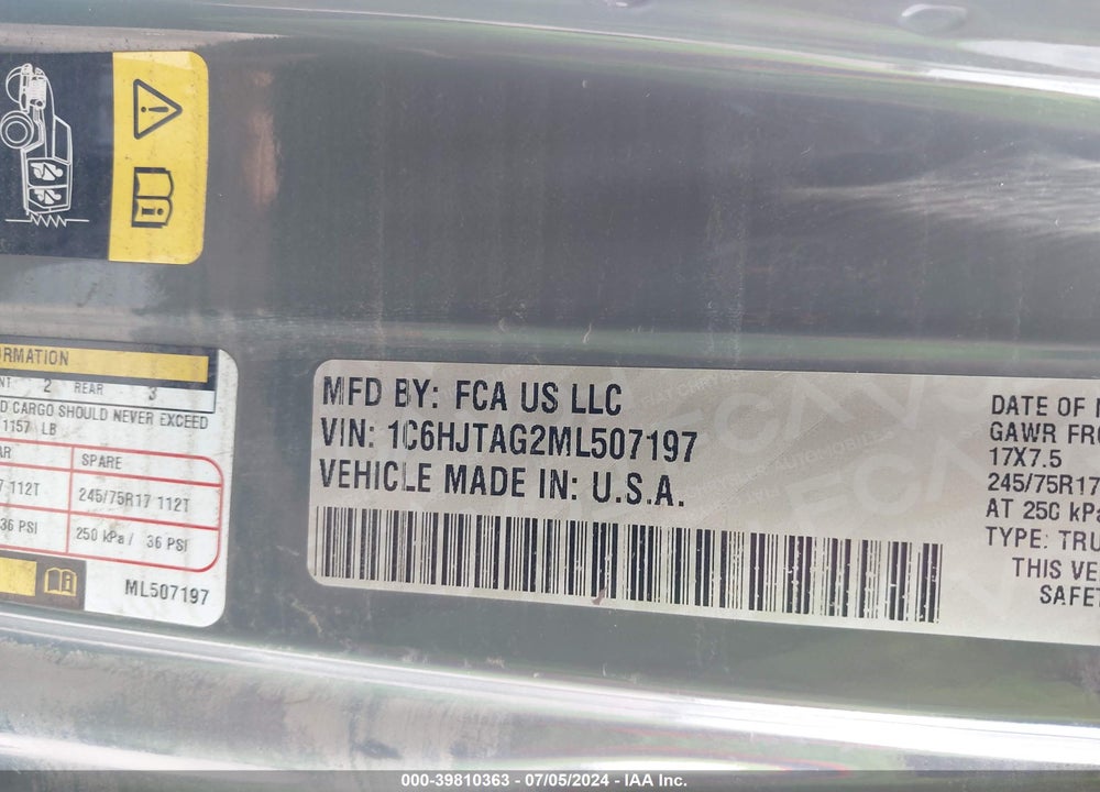 2021 JEEP GLADIATOR SPORT S 4X4 VIN: 1C6HJTAG2ML507197