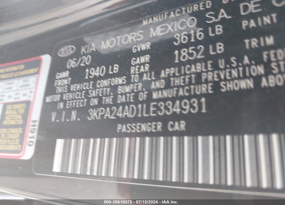 2020 KIA RIO LX VIN: 3KPA24AD1LE334931