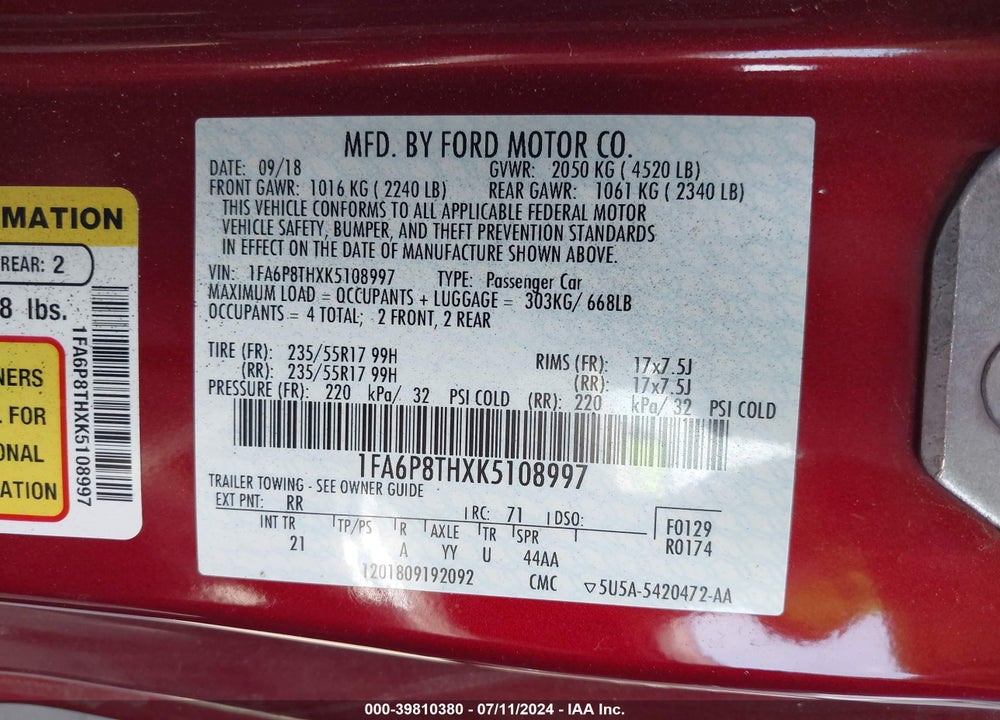 2019 FORD MUSTANG ECOBOOST PREMIUM VIN: 1FA6P8THXK5108997