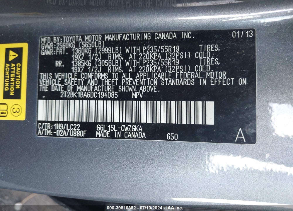 2013 LEXUS RX 350 F-SPORT VIN: 2T2BK1BA6DC194085