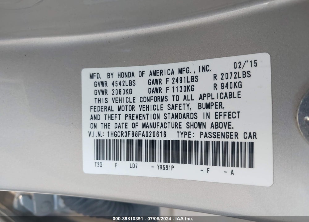 2015 HONDA ACCORD EX-L V-6 VIN: 1HGCR3F88FA020616