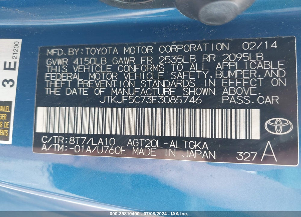 2014 SCION TC MONOGRAM VIN: JTKJF5C73E3085746