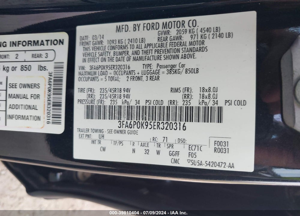 2014 FORD FUSION TITANIUM VIN: 3FA6P0K95ER320316