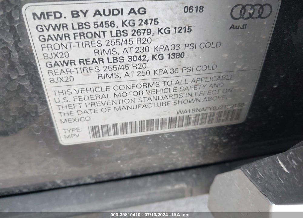 2018 AUDI Q5 2.0T TECH PREMIUM VIN: WA1BNAFY0J2199158