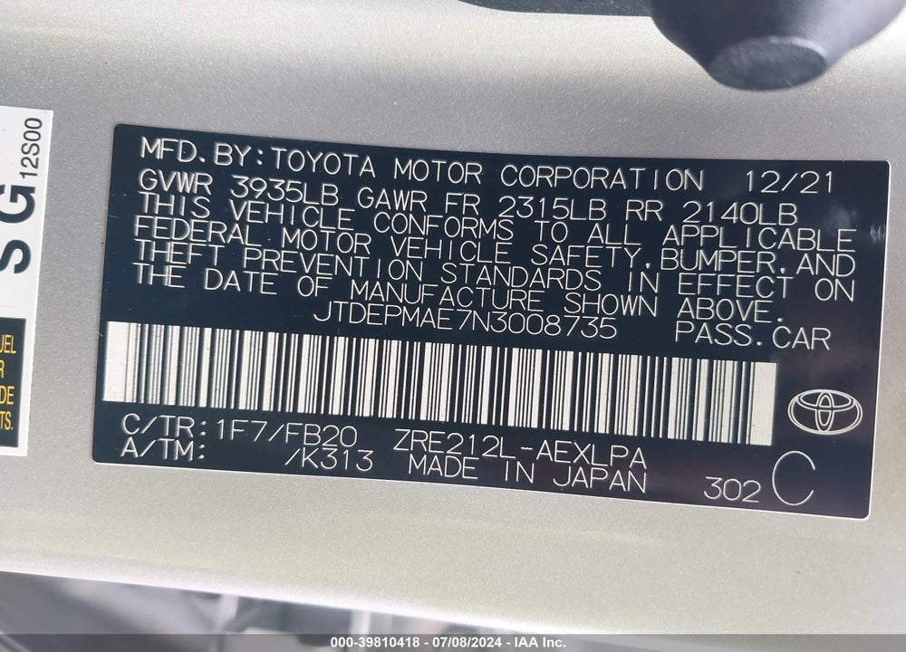 2022 TOYOTA COROLLA LE VIN: JTDEPMAE7N3008735