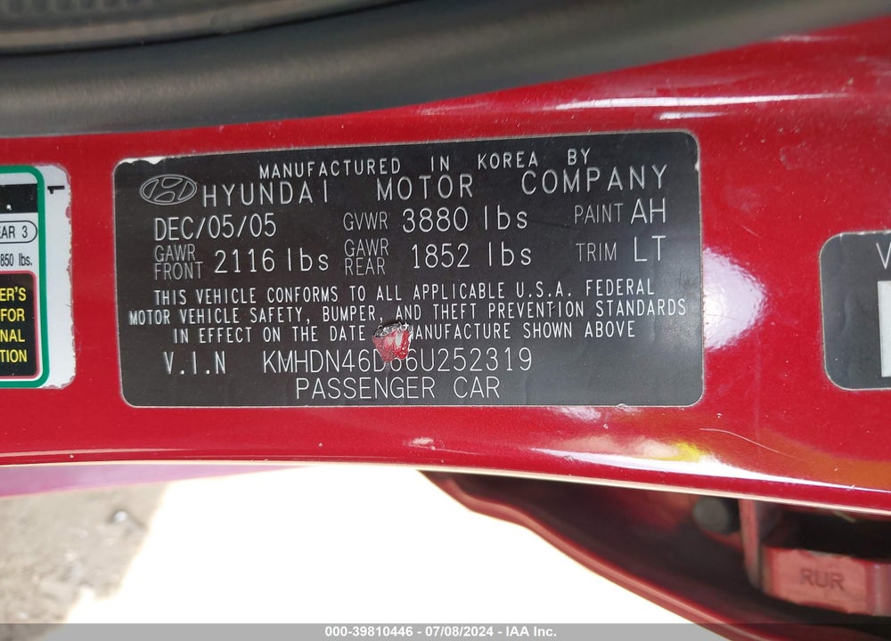 2006 HYUNDAI ELANTRA GLS/LIMITED VIN: KMHDN46D66U252319