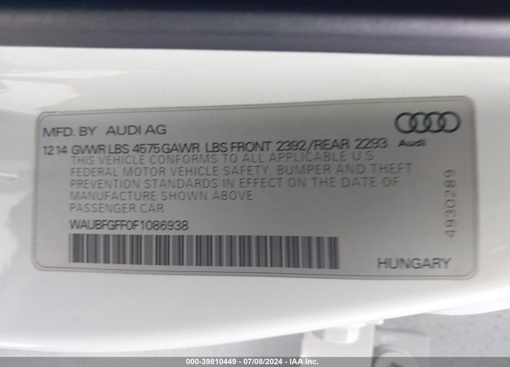 2015 AUDI A3 VIN: WAUBFGFF0F1086938